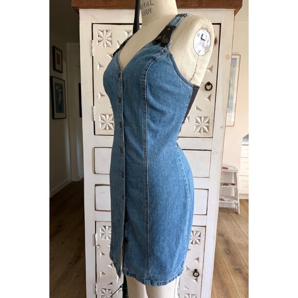 VTG 90s PARIS BLUES Sleeveless Denim Suspender Dress S/M - Picture 4 of 9